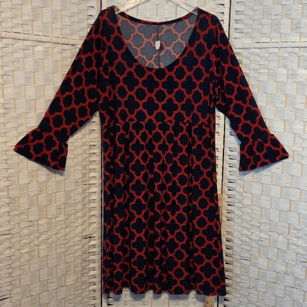 Navy & Red Patterned Bell Sleeve Women's Dress, Size 2X, EUC